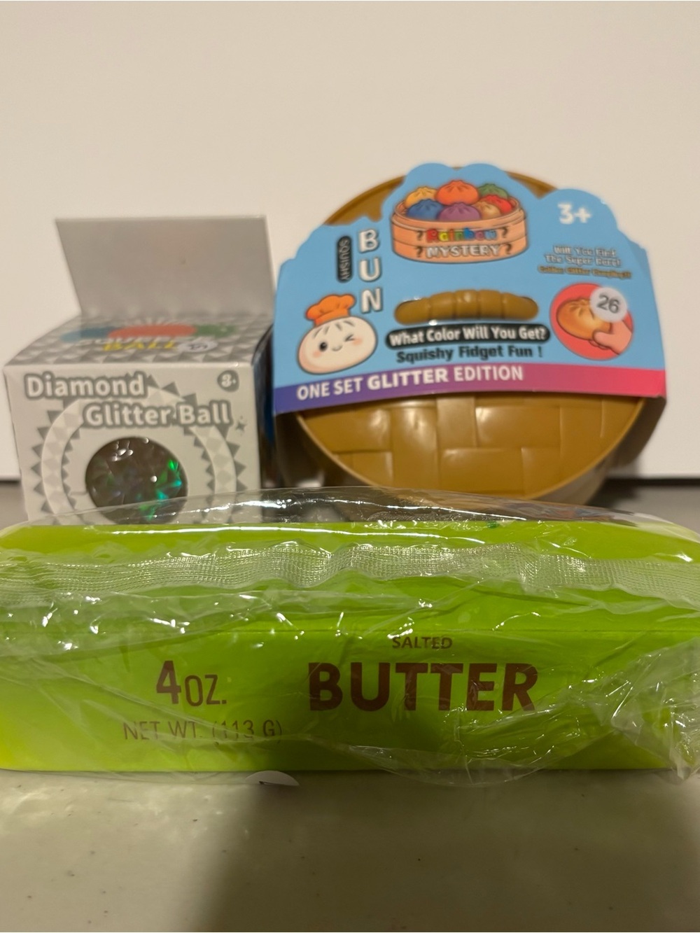 Green Butter Toy Prop with Glitter Balls and Squishy Bun